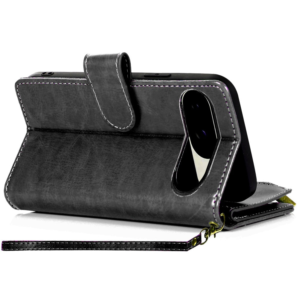 Google Pixel 9 Pro XL (6.8") Leather Zipper Wallet Case 9 Credit Card Slots Cash Money Pocket Clutch Pouch Stand & Strap