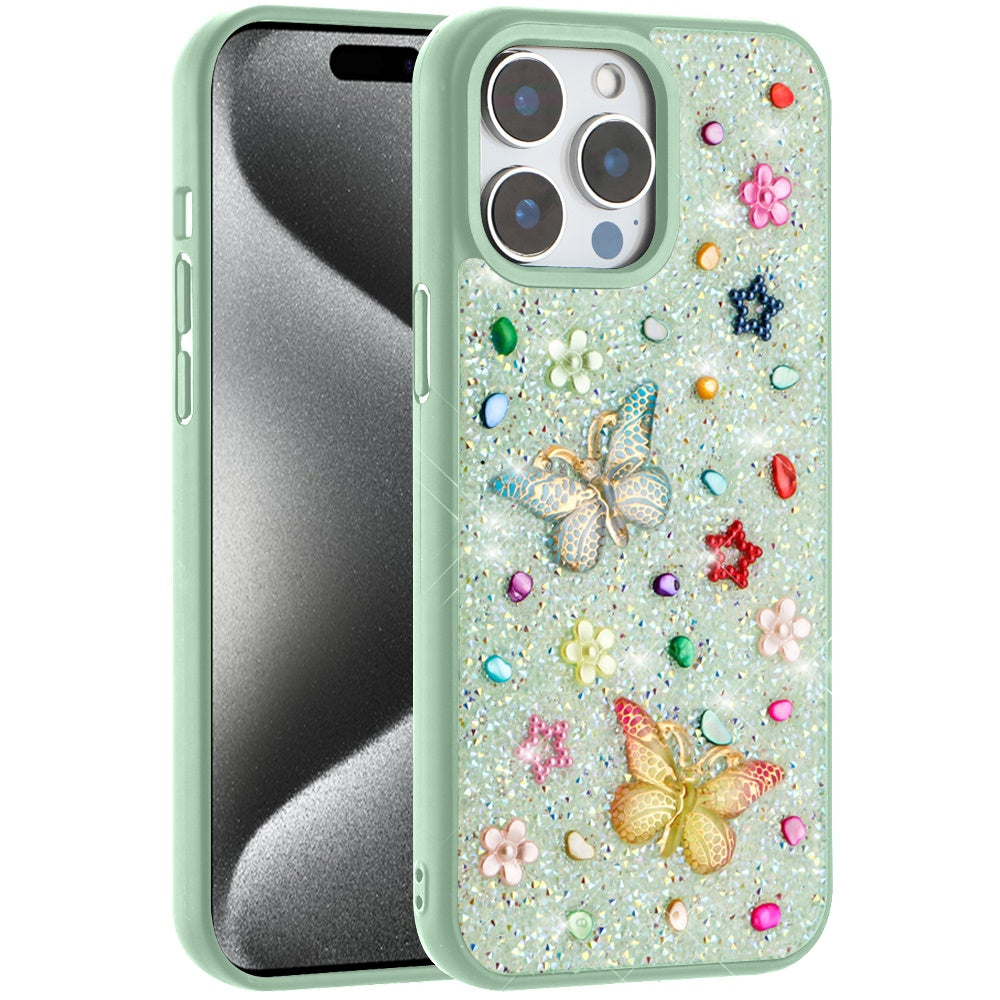 For Apple iPhone 15 Pro Max Diamond Butterfly 3D Glitter Bling Design, Slim Hybrid Sparkle Protective Cover TPU for Women Girls Case Cover