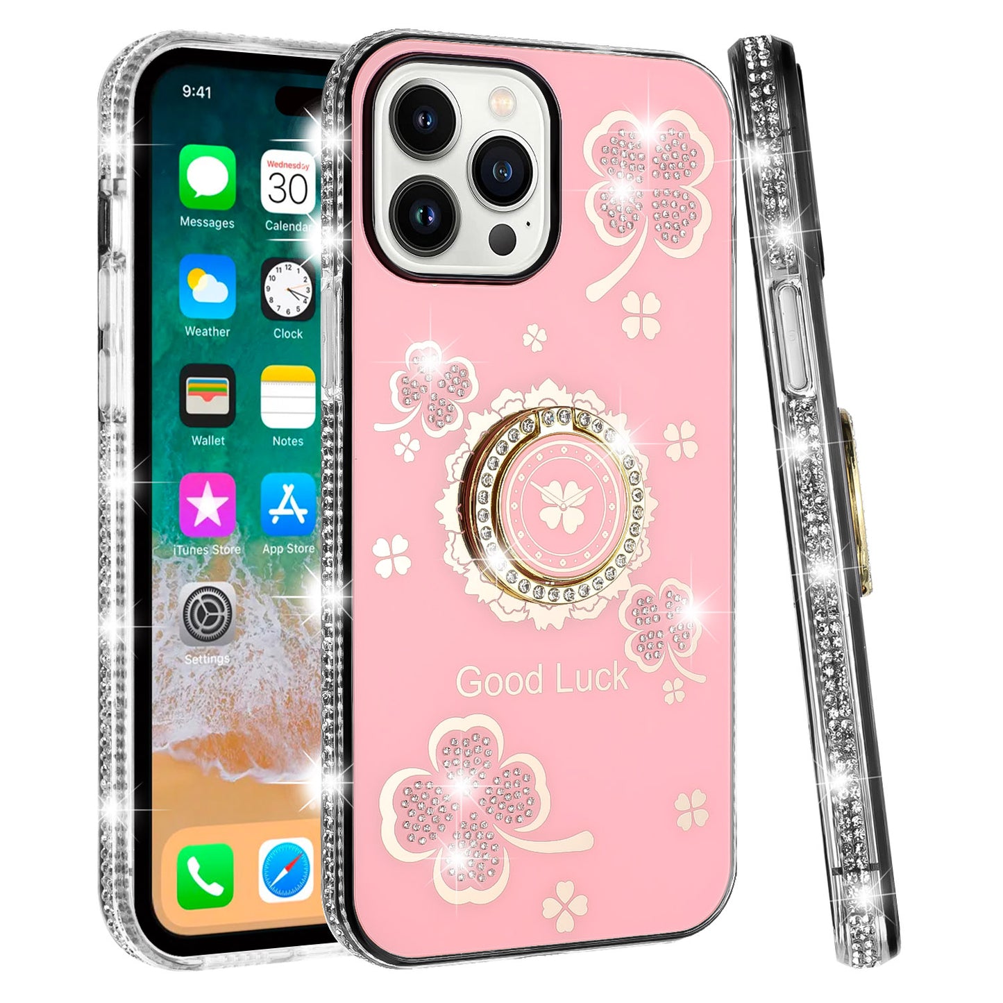 For Apple iPhone 16 Pro (6.3") Diamonds Bling All Around Edges Sparkly Glitter Hybrid with Ring Stand Holder Fashion Good Luck Case Cover