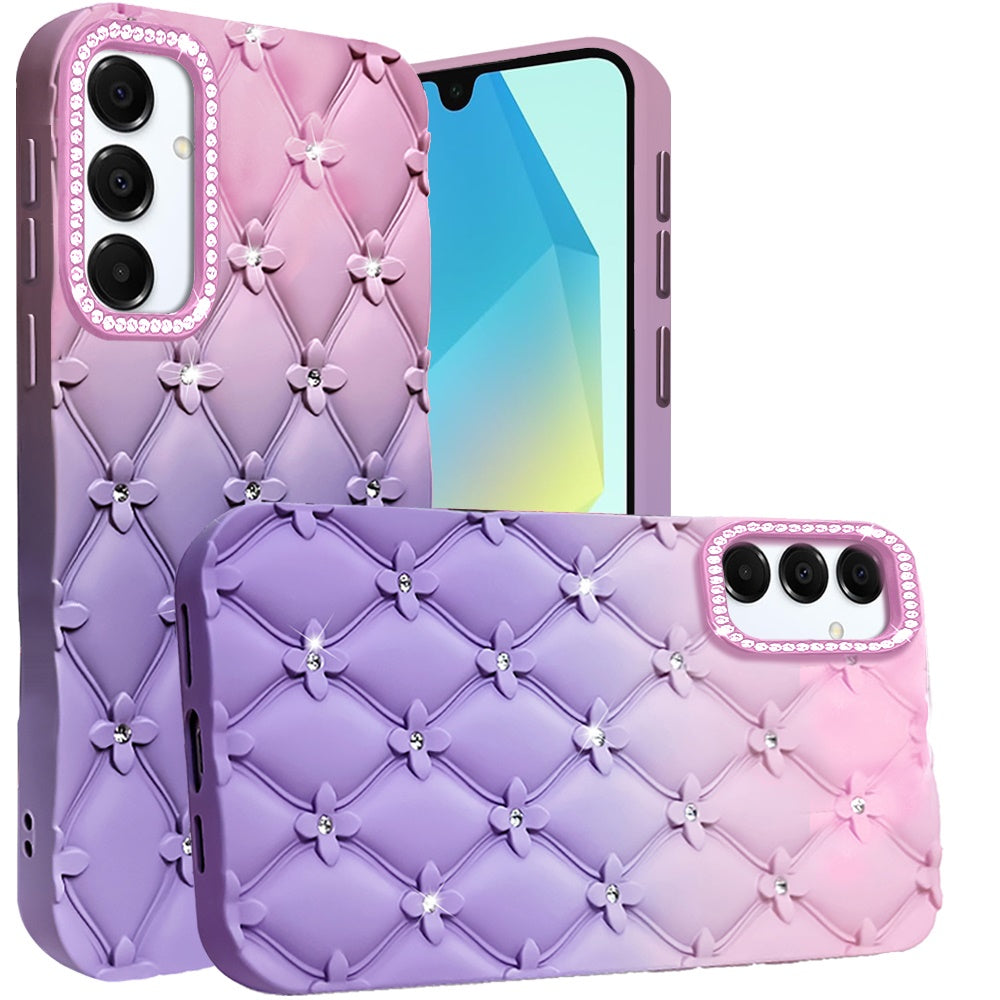 For Samsung Galaxy A16 5G Fashion Flower Design Sparkle Glitter Shimmer Rhinestone Bling Floral Accents, Leather Texture TPU Case Cover