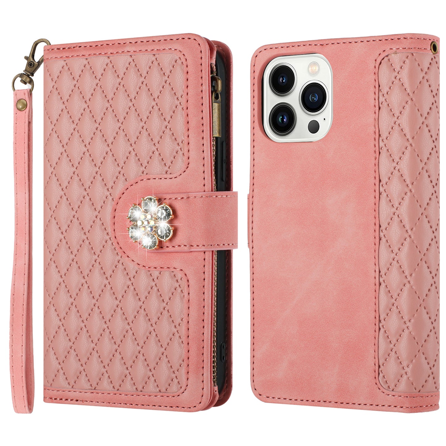 For Apple iPhone 16 Pro (6.3") PU Leather Wallet Design Jewel Bling with Credit Card Holder Flip Folio Pouch Zipper Purse Wrist Strap Case Cover