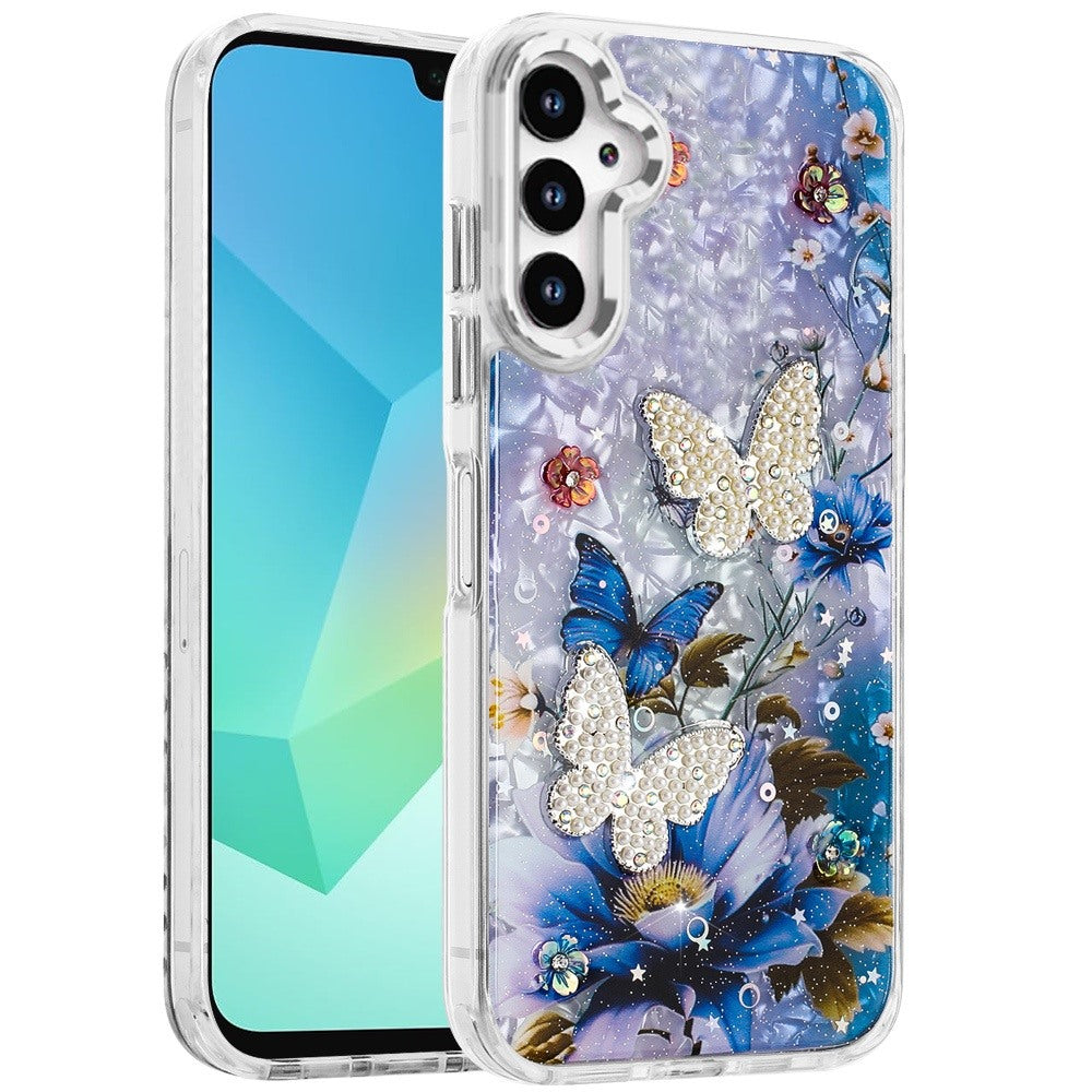 For Samsung Galaxy A36 Epoxy Glitter Flowers Bling 3D Butterfly Fashion TPU Hybrid with Shockproof Protection Case Cover