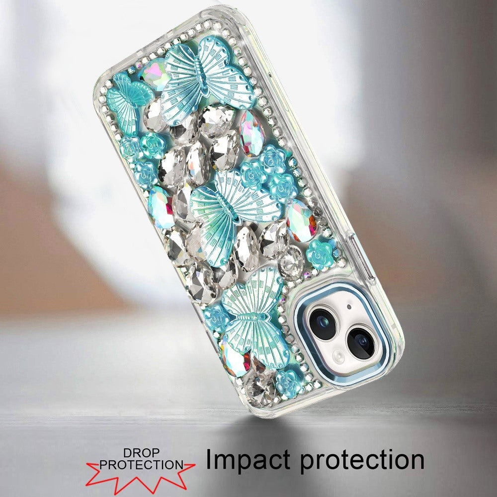 For Apple iPhone 11 3D Diamond Floral Butterfly Bling Stone Hybrid, Sparkly Rhinestone Gemstone Back Shockproof Case Cover