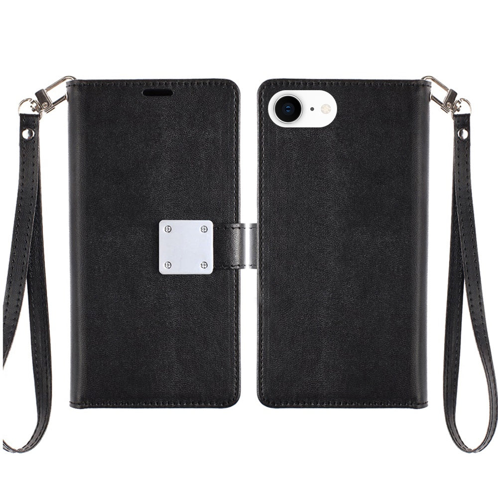For Samsung Galaxy S25 EDGE Wallet Case with ID/ Card Holder, Wristlet Strap, Magnetic TPU Protective Shockproof Folio Flip Case Cover Black