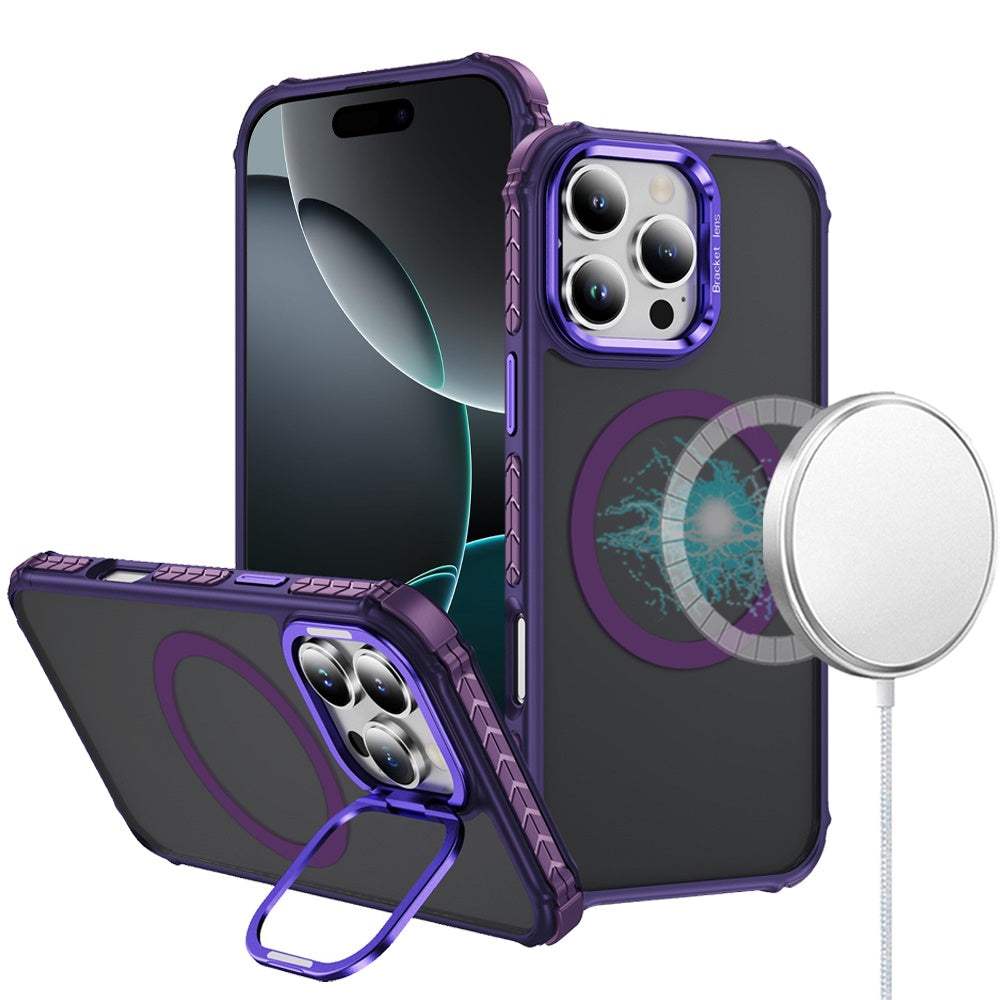 For Apple iPhone 16 Pro (6.3") Hybrid Metal Camera Stand Ring Sturdy, Compatible with MagSafe, Matte Hard TPU Colorful Edge Case Cover