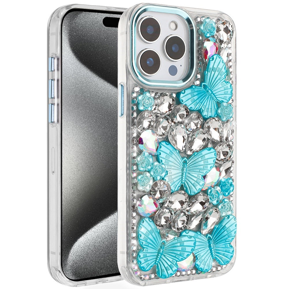 For Apple iPhone 11 3D Diamond Floral Butterfly Bling Stone Hybrid, Sparkly Rhinestone Gemstone Back Shockproof Case Cover
