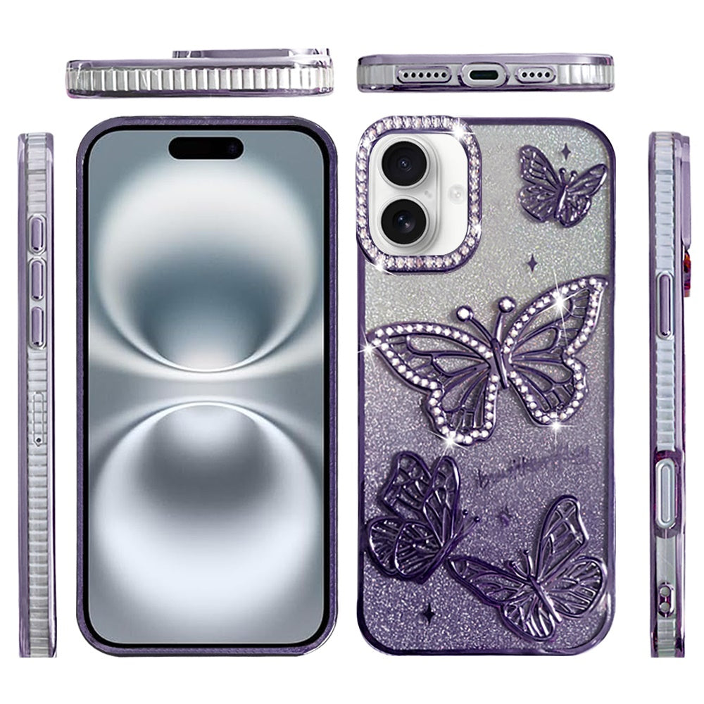For Apple iPhone 16 Pro Max (6.9") Luxury Butterfly Sparkle Glitter Diamond Crystal Rhinestone Shimmer Bling Plating Thick TPU Hard PC Case Cover