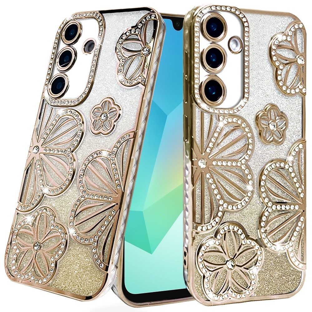 For Samsung Galaxy A16 Luxury Flower Design Sparkle Glitter Diamond Rhinestone Shimmer Bling Plating Thick TPU Hard PC Case Cover Flower Gold