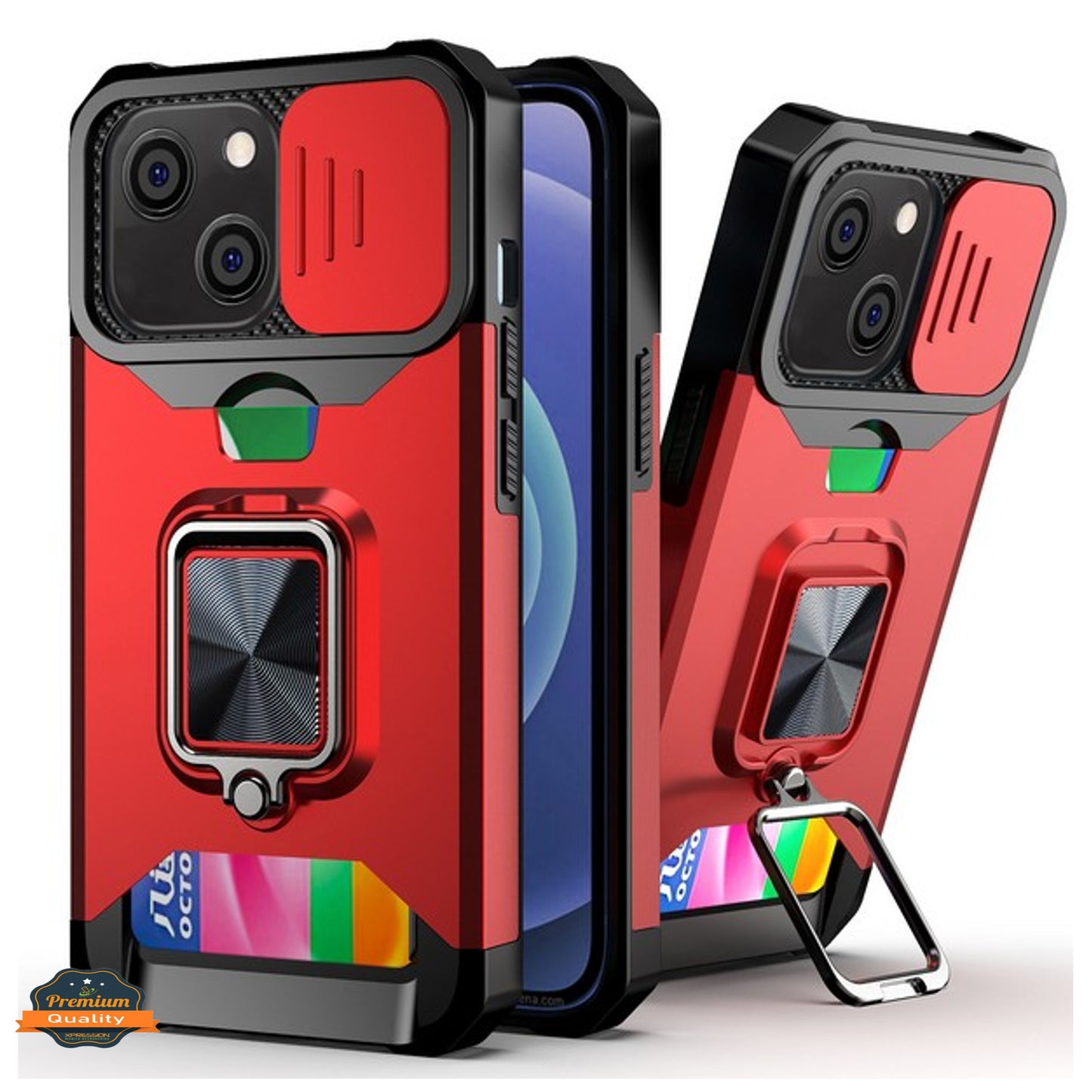 For Apple iPhone 15 (6.1") Wallet Designed with Camera Protection, Card Slot & Ring Kickstand Magnetic Car Mount Phone Case Cover