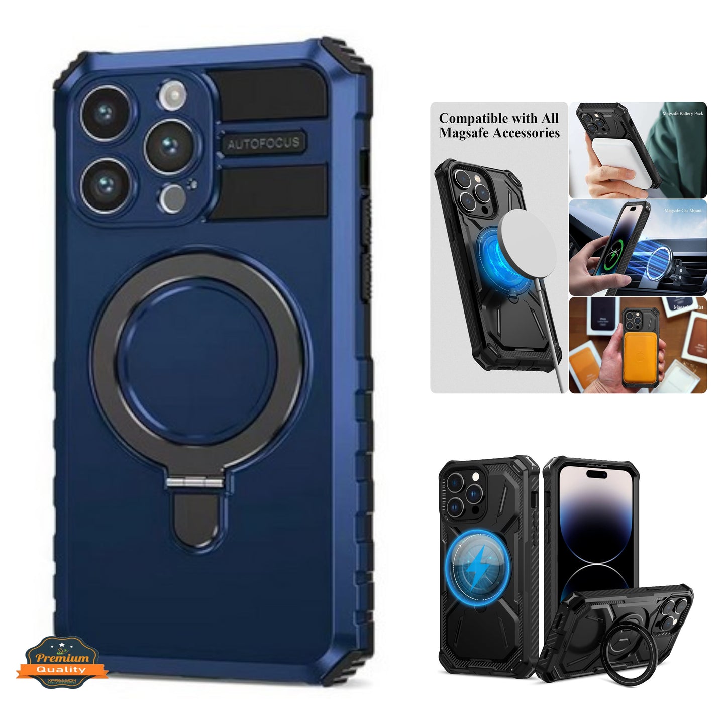 For Apple iPhone 15 Pro Max (6.7") Hybrid Invisible Stand Compatible with Magsafe 360° Ring Kickstand Shockproof Phone Case Cover