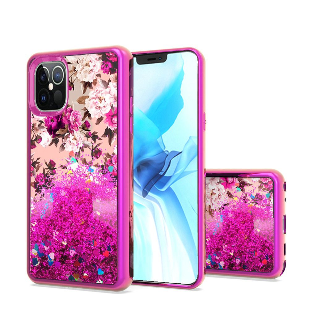 For Apple iPhone 13 Pro (6.1") Waterfall Quicksand Flowing Liquid Glitter Water Design Electroplating Bling TPU Hybrid Frame Protective Phone Case Cover