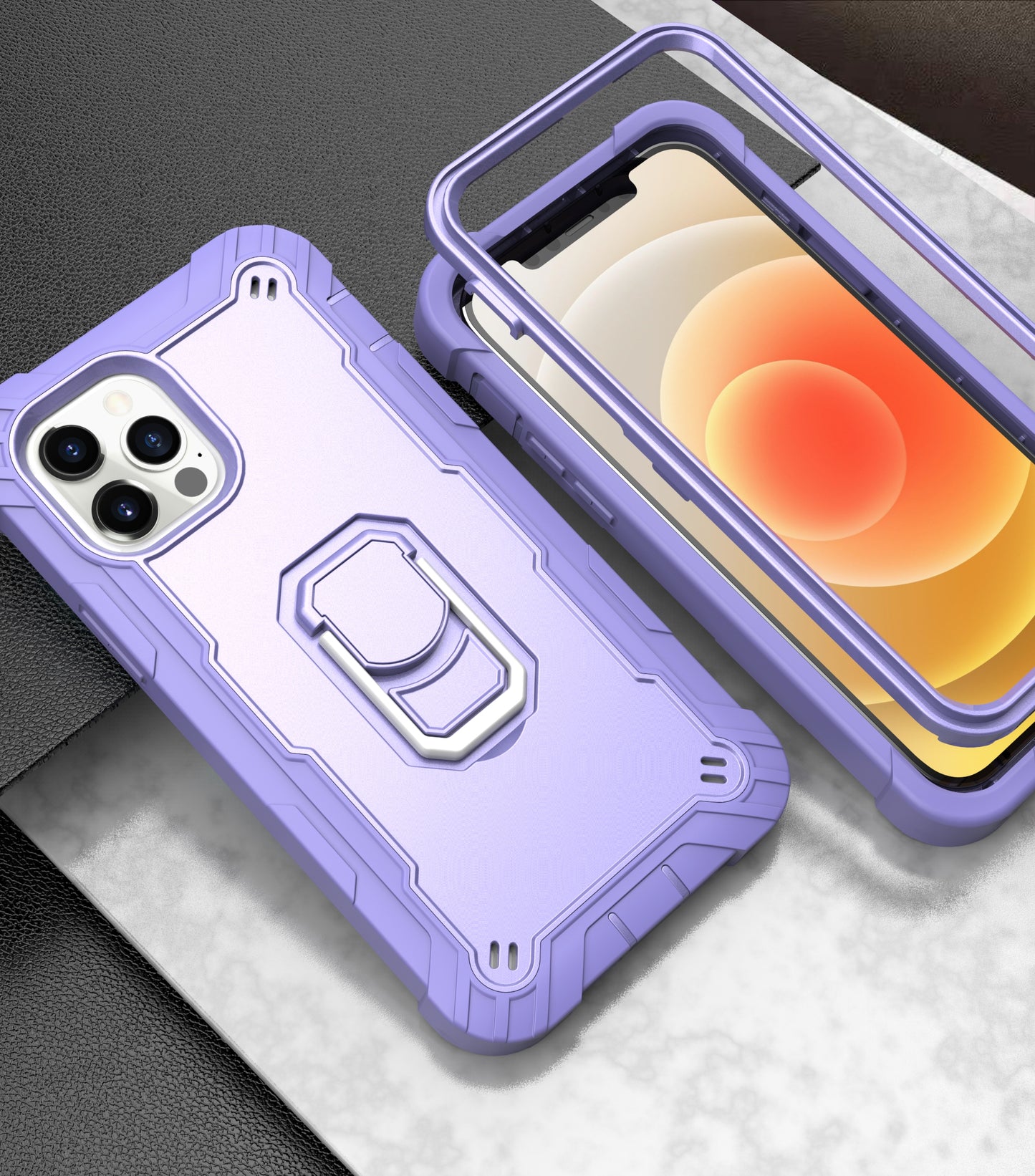 For Apple iPhone 12 Pro Max (6.7") Hybrid 3 Layers with 360° Rotatable Ring Kickstand Holder Heavy Duty Hard PC Soft Silicone Shockproof Phone Case Cover