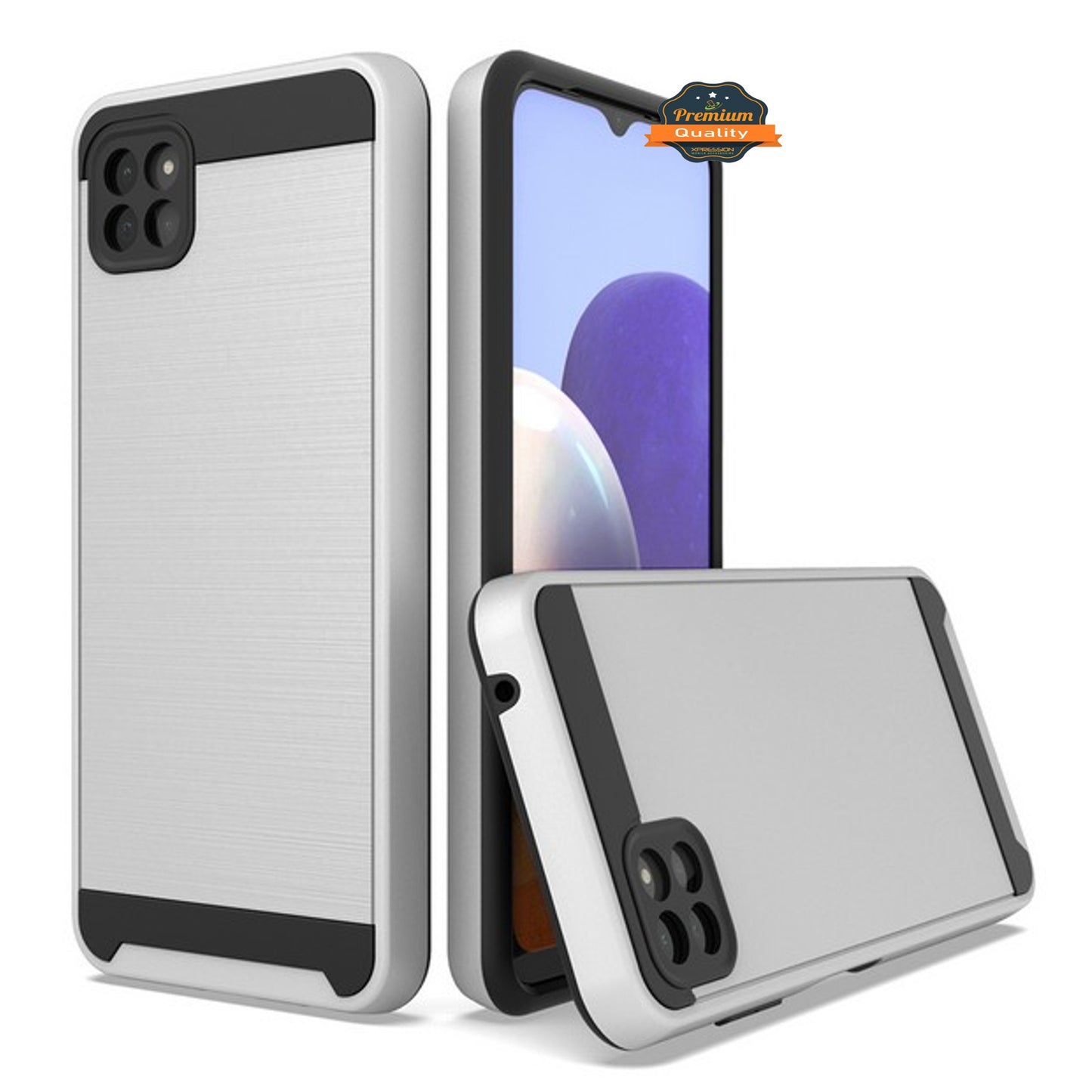 For Samsung Galaxy A22 5G Slim Rugged TPU + Hard PC Brushed Metal Texture Hybrid Dual Layer Defender Armor Shock Absorbing Phone Case Cover