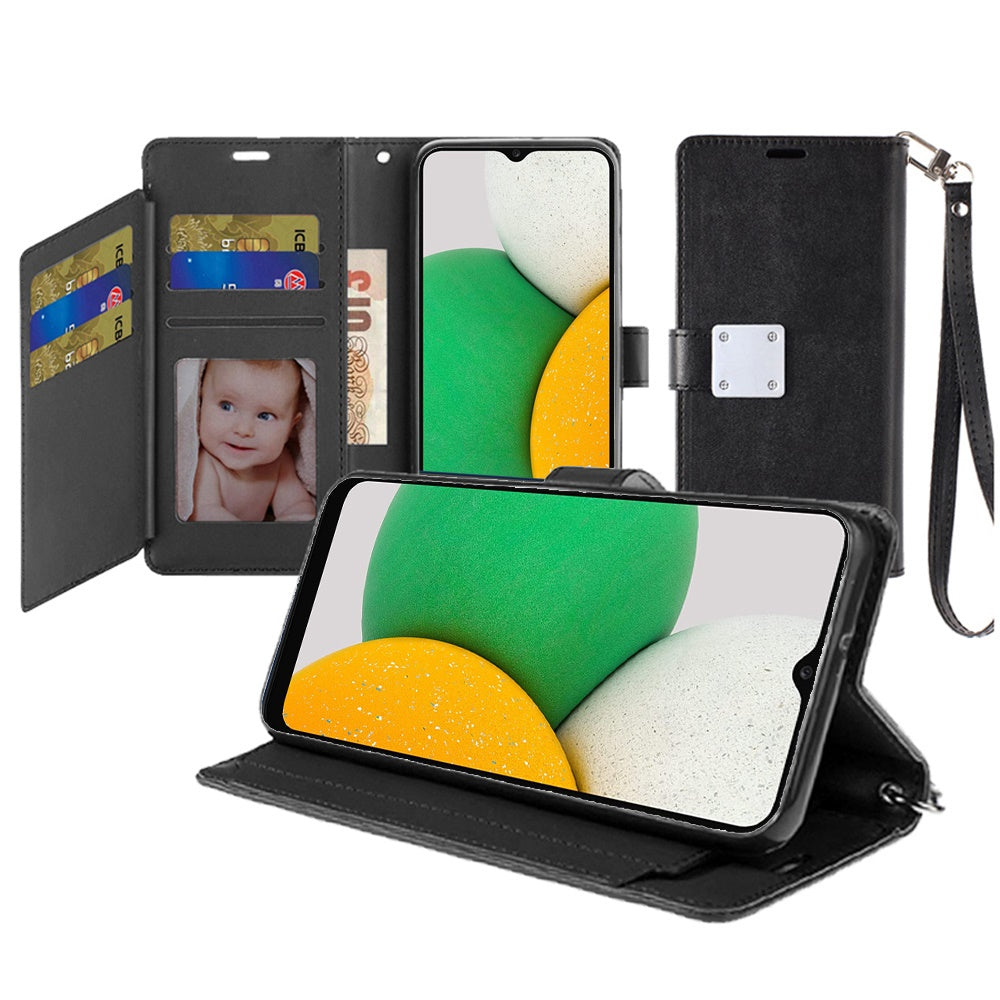 For Samsung Galaxy A03 Core Wallet Case PU Leather Credit Card ID Pocket Cash Holder Slot Dual Flip Pouch Folio Stand, Strap Black Phone Case Cover