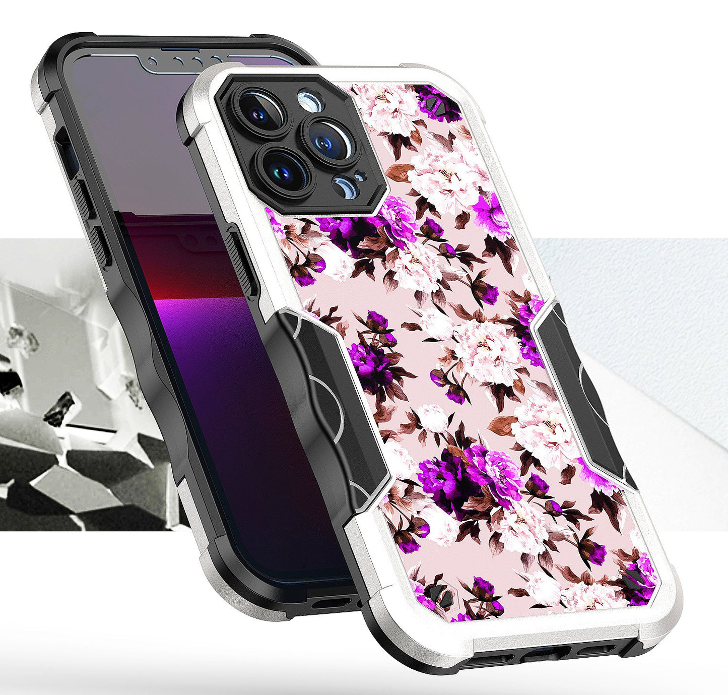 For Apple iPhone 14 Pro (6.1") Fashion Design Tough Shockproof Hybrid Stylish Pattern Heavy Duty TPU Rubber Armor Phone Case Cover