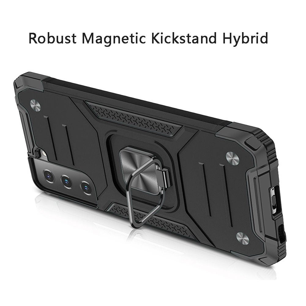 For Samsung Galaxy S21 Armor Hybrid with Ring Holder Kickstand Shockproof Heavy-Duty Durable Rugged Dual Layer Black Phone Case Cover