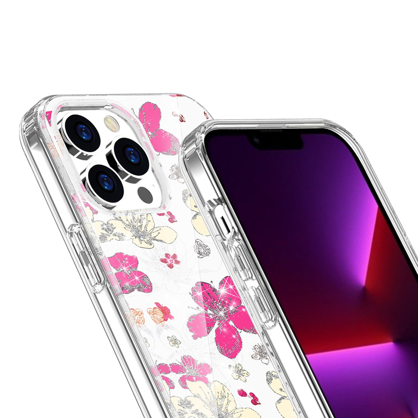 For Apple iPhone 14 (6.1") Beautiful Laser Clear Bling Glitter Design Pattern Hybrid Gummy Hard PC and TPU Phone Case Cover