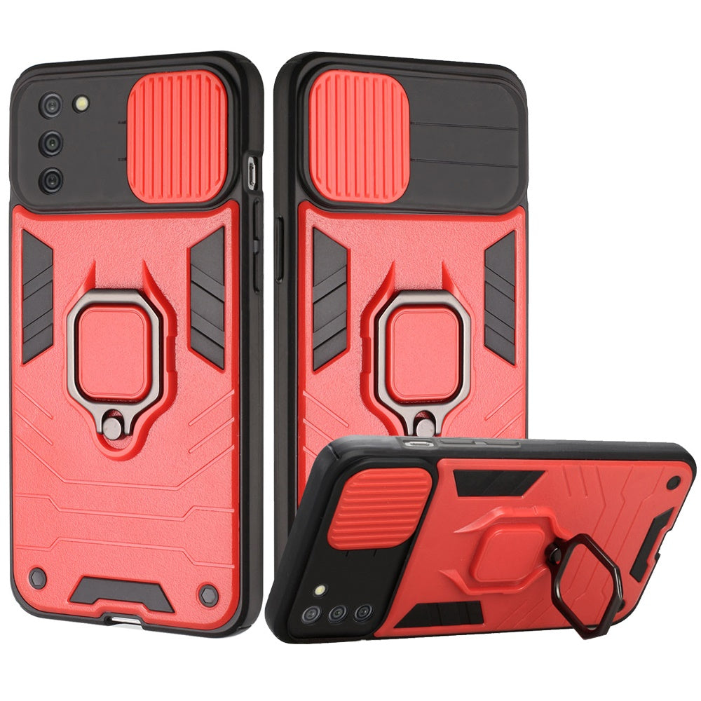 For Samsung Galaxy A02S Kickstand Hybrid with Slide Camera Protector, Built-in 360° Rotate Ring Stand Magnetic PC & TPU Bumper Phone Case Cover