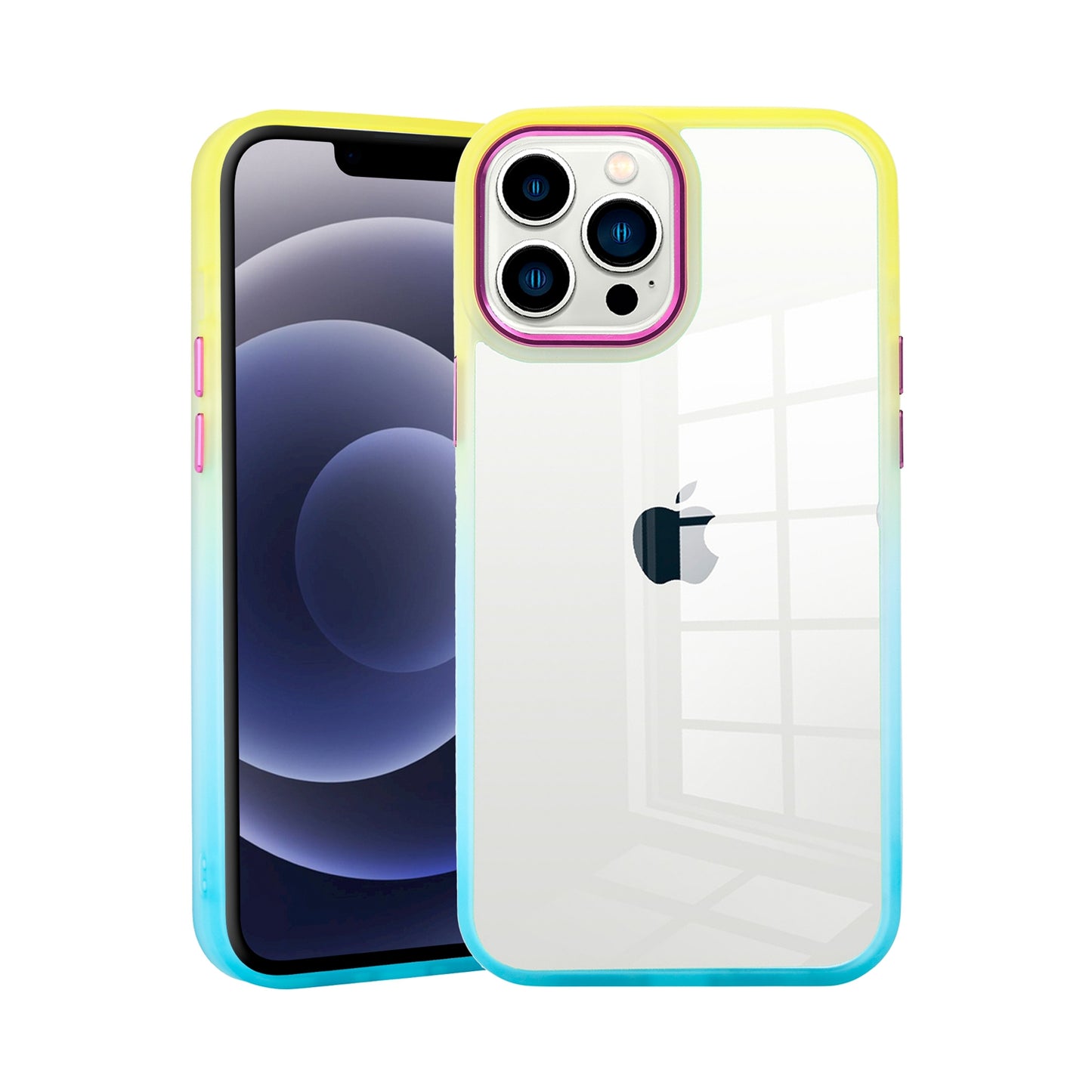 For Apple iPhone 13 Pro Max 6.7" Transparent Two Tone Gradient Colorful Frame Hybrid Rubber TPU Gummy Hard PC Phone Case Cover