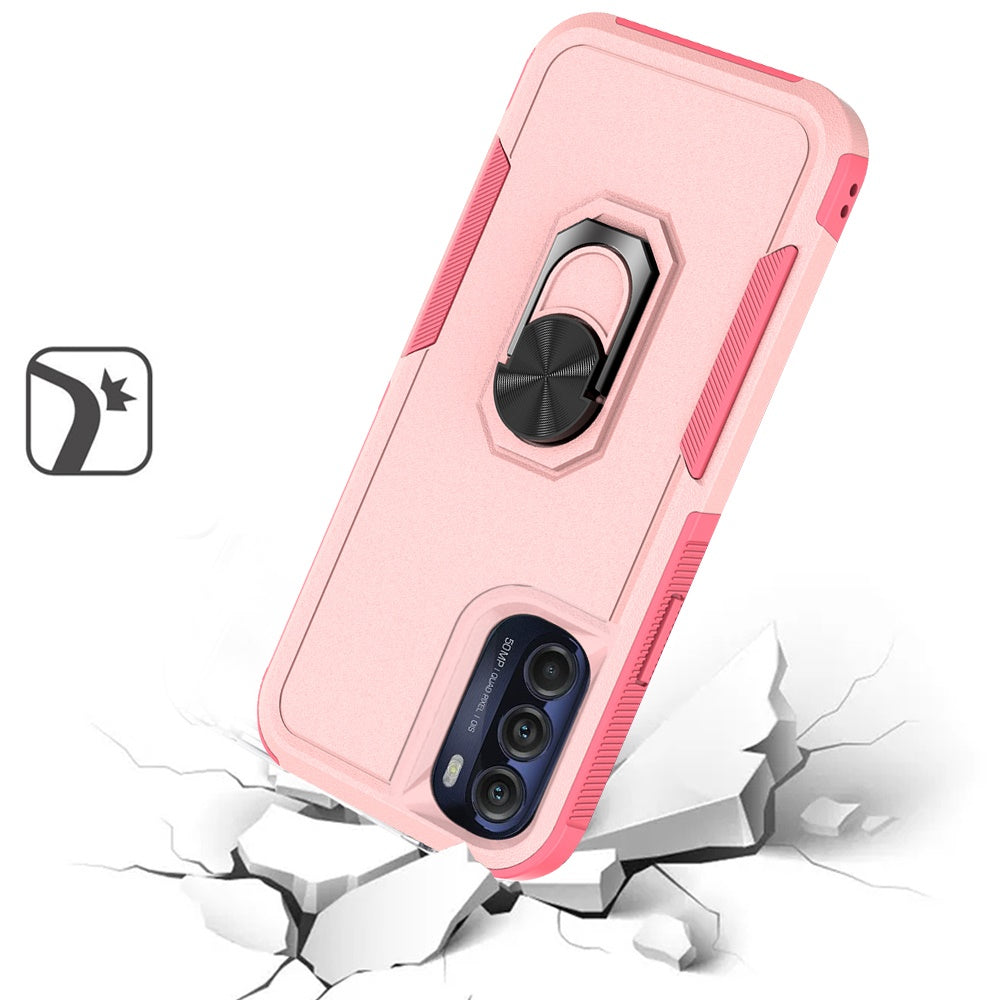 For Apple iPhone 14 Pro (6.1") Hybrid Rugged Hard Drop-Proof 3 Layer Protection Military Grade Armor Metal Ring Stand Pink Phone Case Cover