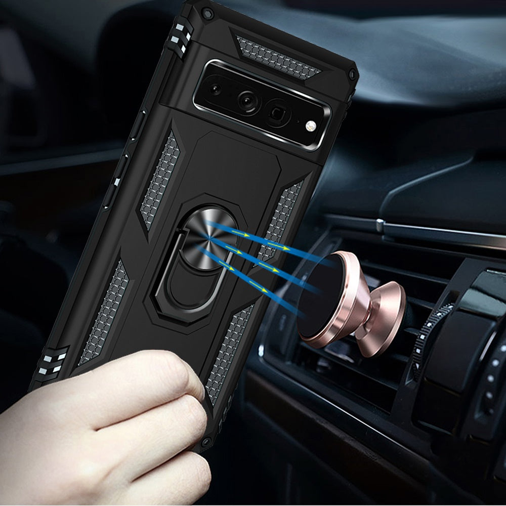 For Google Pixel 7 / Pixel 7 Pro Hybrid Armor with Belt Clip Holster Ring Stand Holder, Military Grade Fit Magnetic Car Mount Shockproof Phone Case Cover