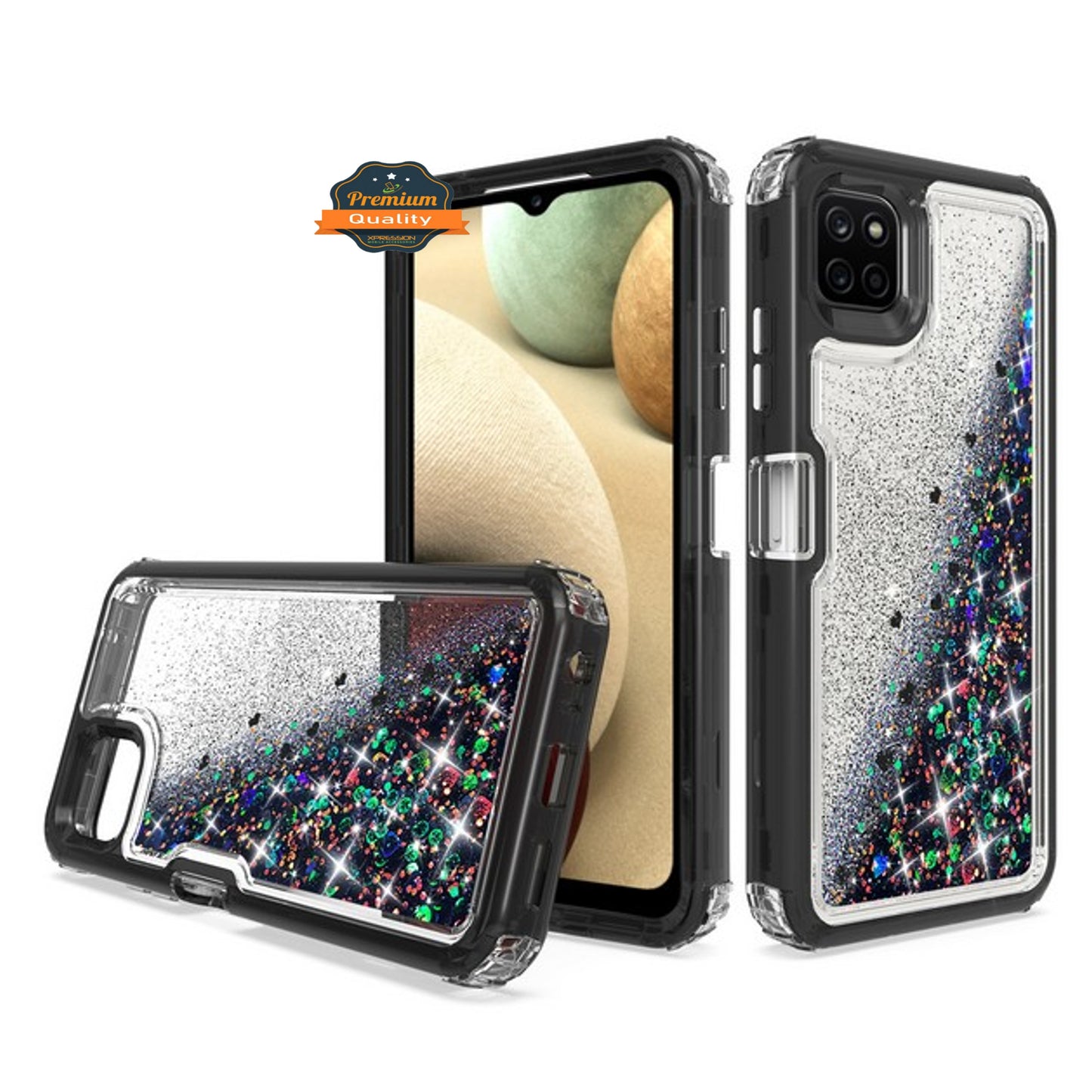 For Samsung Galaxy A22 5G Hybrid Liquid Glitter 3D Bling Quicksand Flowing Sparkle Hard Shockproof 3 in 1 TPU Heavy Duty Phone Case Cover