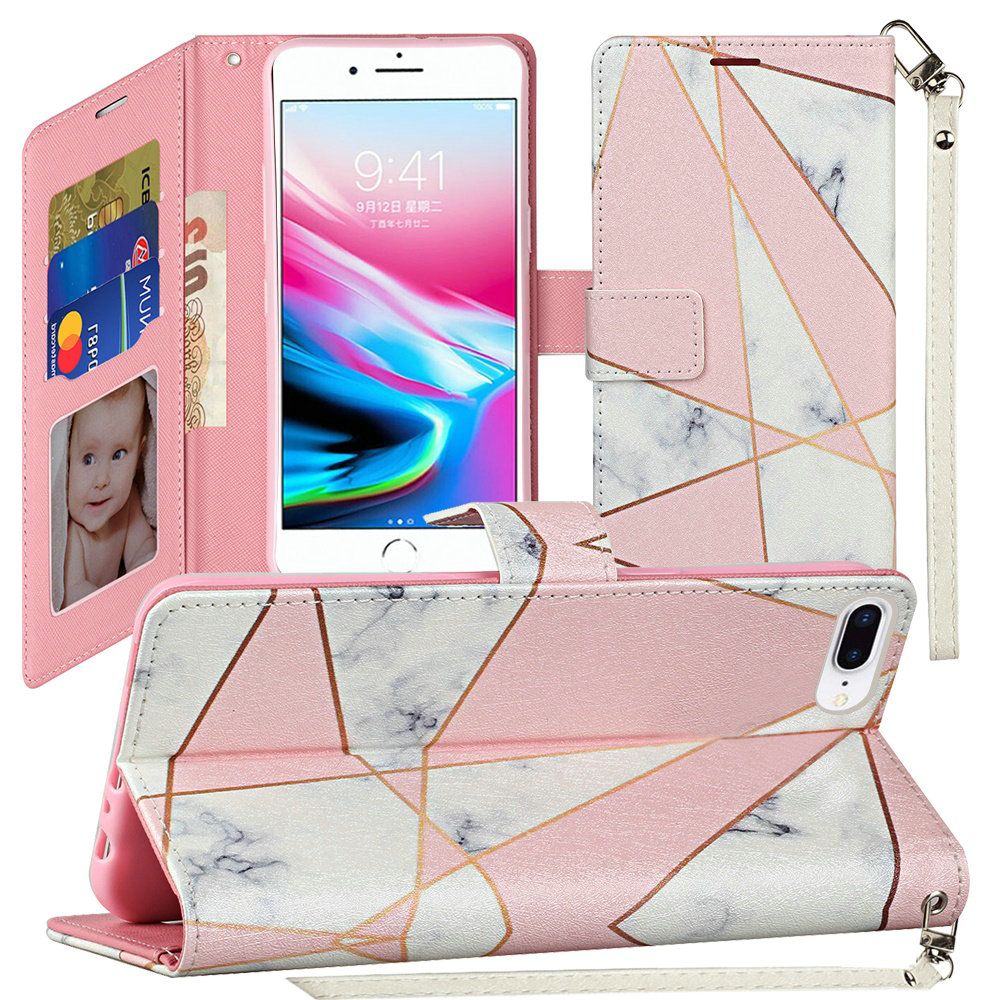 For Samsung Galaxy S22+ Plus Wallet Case PU Leather Design Pattern with Credit Card Slot Strap, Stand Folio Pouch Pink Marble Phone Case Cover