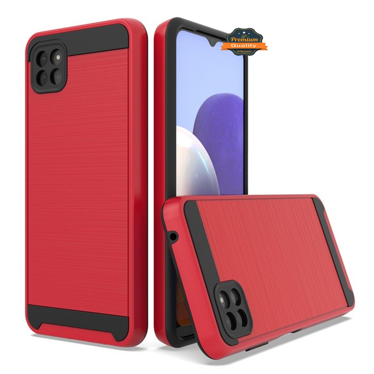 For Samsung Galaxy A22 5G Slim Rugged TPU + Hard PC Brushed Metal Texture Hybrid Dual Layer Defender Armor Shock Absorbing Phone Case Cover
