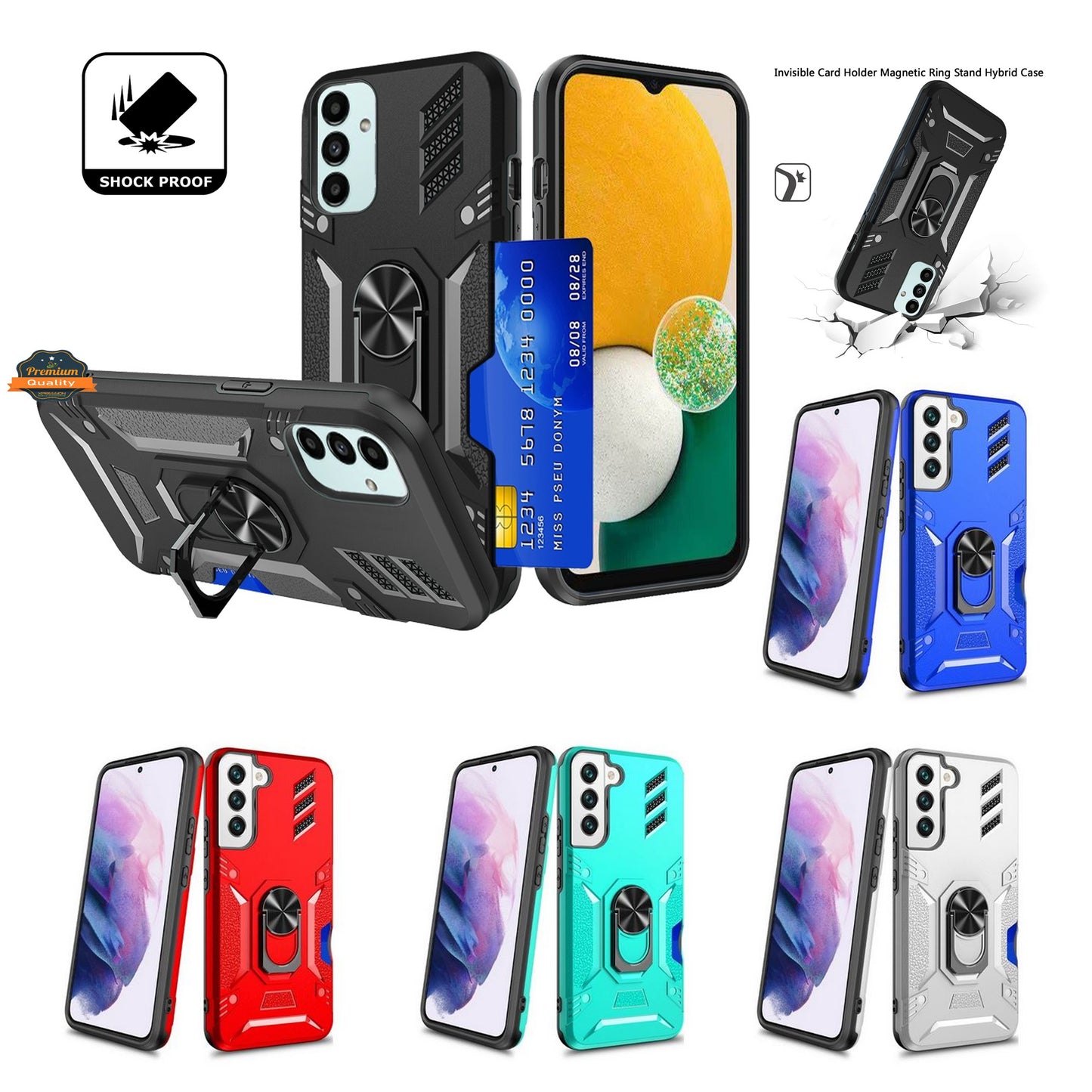 For Samsung Galaxy A03S Invisible Wallet Credit Card Holder with Ring Stand Kickstand Heavy Duty Slim Shockproof Hybrid Phone Case Cover