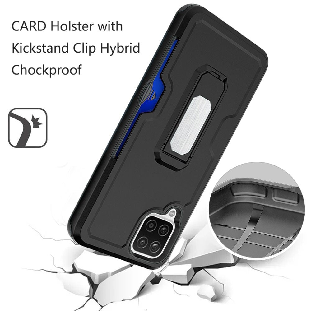 For Samsung Galaxy A12 5G Armor Belt Clip with Credit Card Holder, Holster, Kickstand Protective Full Body Heavy Duty Hybrid Phone Case Cover