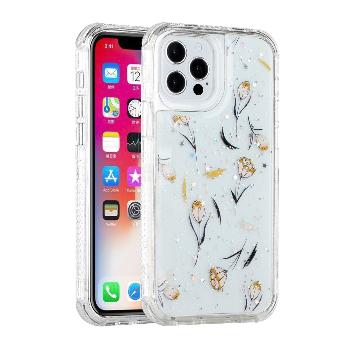 For Apple iPhone 11 (6.1") Sparkle Glitter Floral Epoxy Design Shockproof Hybrid Fashion Bling Rubber TPU Phone Case Cover
