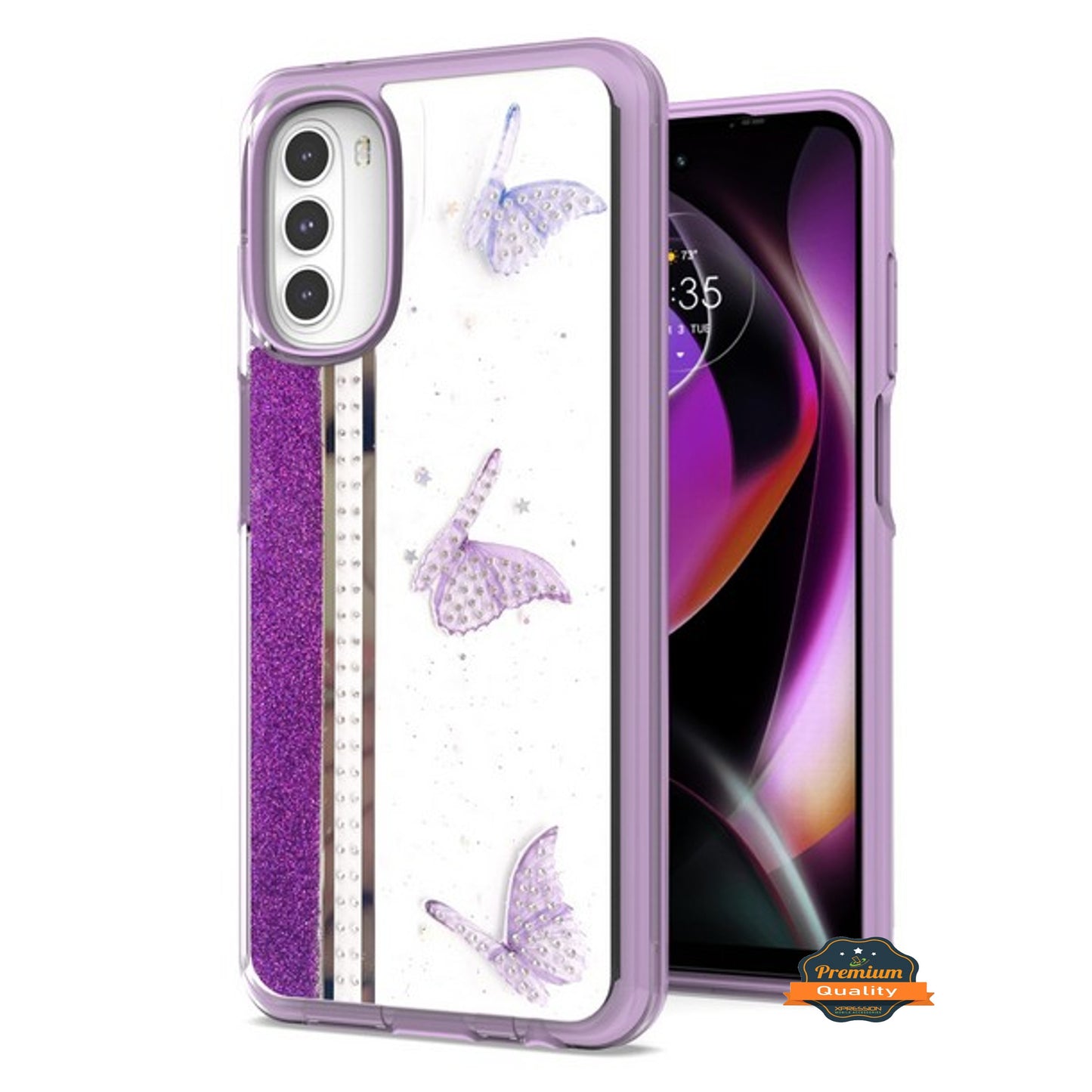 For Motorola Moto G 5G 2022 Butterflies Design Bling Glitter Shockproof Hybrid Soft TPU Frame and Hard PC Back Slim Phone Case Cover