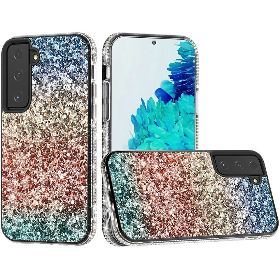 For Samsung A03 Core Rhinestone Sparkling Rainbow Gradual Glitter Full Diamond Bling Protective Hybrid Rugged Bumper Phone Case Cover