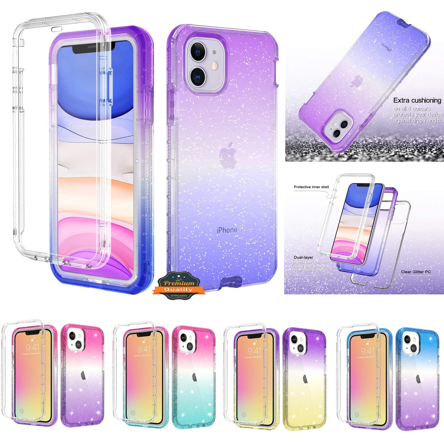 For Apple iPhone 13 Pro (6.1") Clear Gradient Glitter Bling Sparkly Hybrid Hard PC Soft TPU Bumper and Front Frame Drop Protective Phone Case Cover