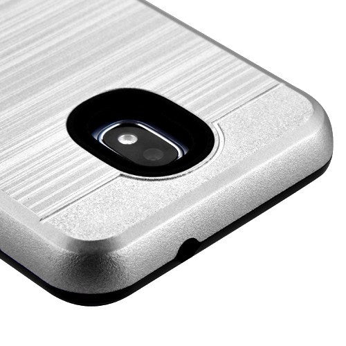 For Samsung Galaxy J3 (2018)/ Galaxy J3 Star/ Galaxy J3 PU Card Wallet Dual Layer Brushed Hybrid Protector TPU Credit Card Slot Silver Phone Case Cover