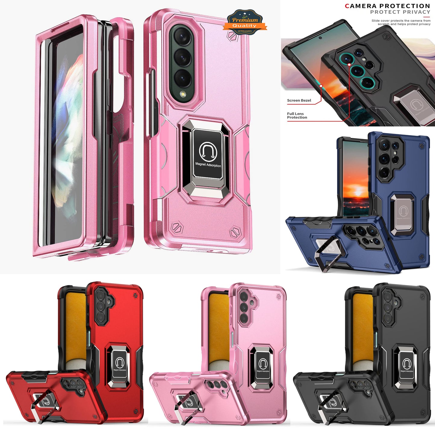 For Samsung Galaxy Z Fold 4 5G Heavy Duty Hybrid with Kickstand Ring Stand, Support Magnetic Car Mount Rugged TPU Shell Phone Case Cover