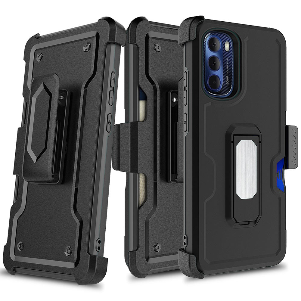 For Motorola Moto G 5G 2022 Armor Belt Clip with Credit Card Holder ID Slot, Holster, Kickstand Full Body Heavy Duty Hybrid Phone Case Cover