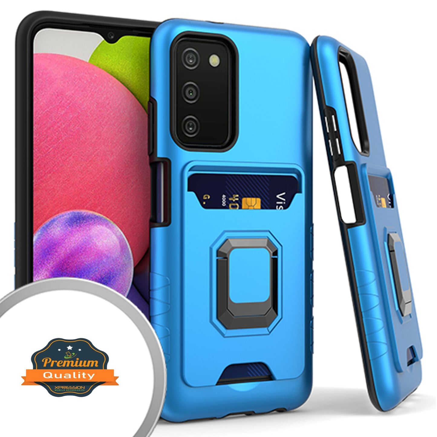 For Samsung Galaxy A03s (2022) Wallet Credit Card Slot Holder with Metal Ring Kickstand Heavy Duty Shockproof Hybrid Dual Layer Magnetic Stand Phone Case Cover