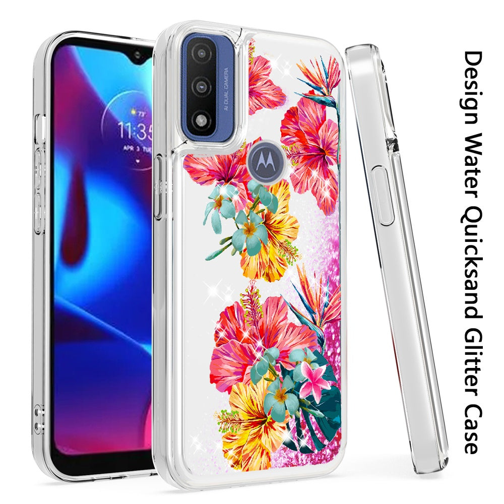 For Motorola Moto G Power 2022 Floral Design Quicksand Water Flowing Liquid Floating Sparkle Glitter Bling Flower Fashion Hybrid Hard Phone Case Cover