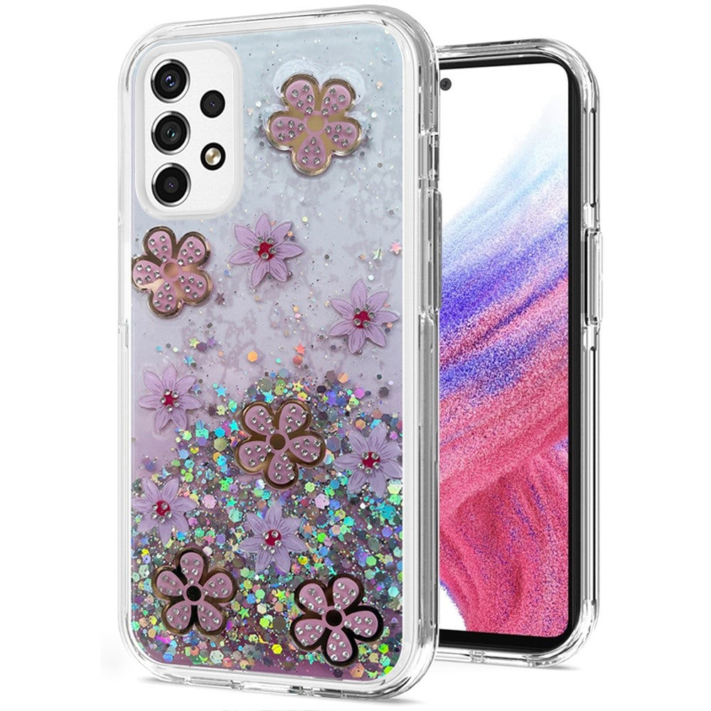 For Samsung Galaxy A53 5G Floral Stylish Design Glitter Shiny Hybrid Rubber TPU Hard PC Shockproof Armor Slim Fit Phone Case Cover