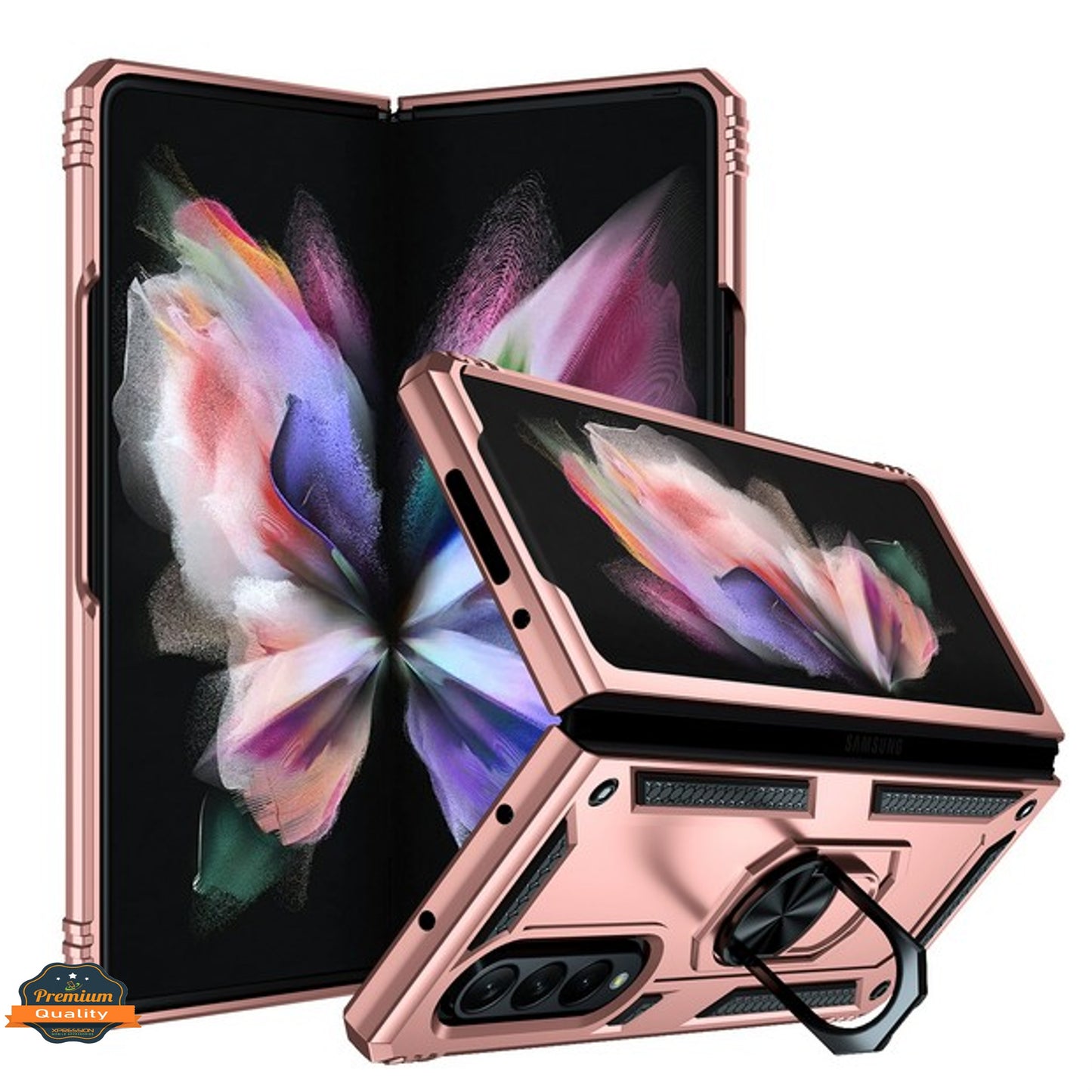 For Samsung Galaxy Z Fold 4 5G Shockproof Hybrid Dual Layer PC + TPU with Ring Stand Metal Kickstand Heavy Duty Rugged Armor Shell Phone Case Cover