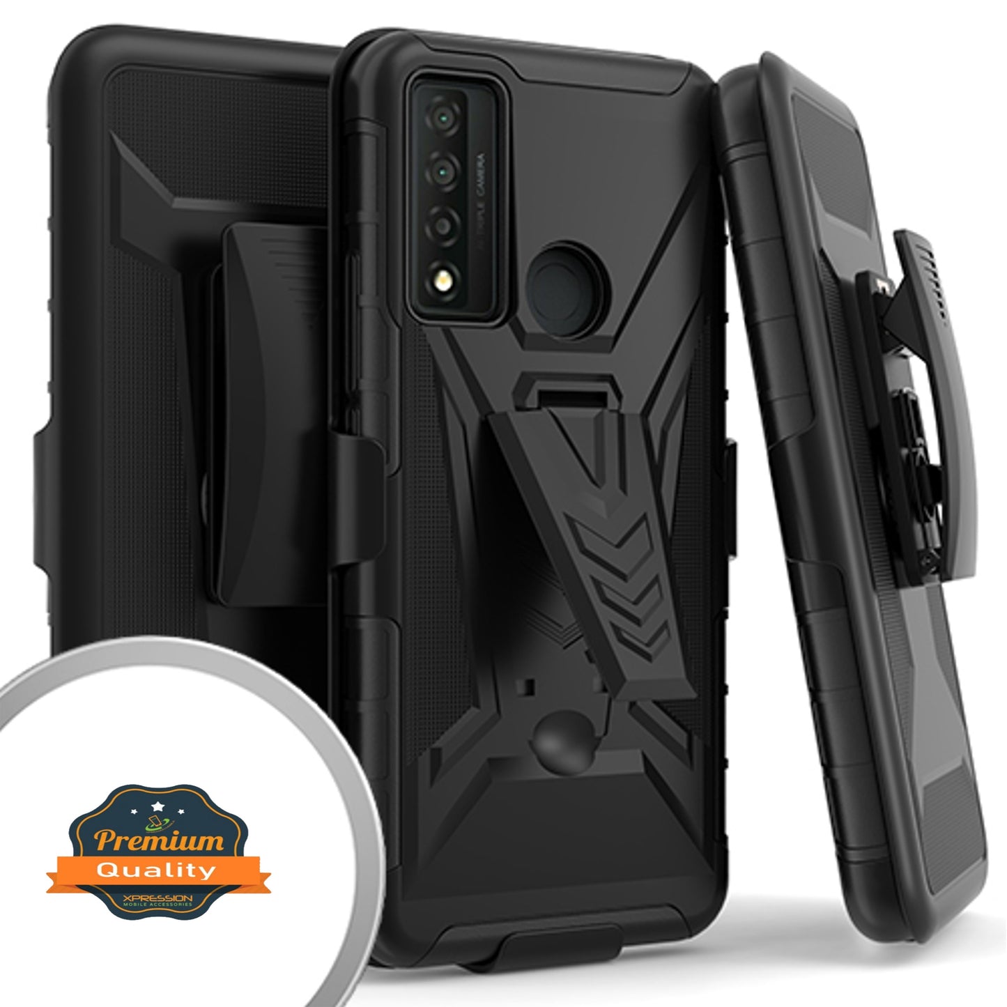 For Samsung Galaxy A13 5G Hybrid Belt Clip Holster with Built-in Kickstand, Heavy Duty Protective Shock Absorption Armor Defender Black Phone Case Cover