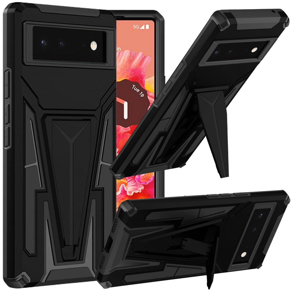 For Google Pixel 6 Heavy Duty Protection Hybrid Built-in Kickstand Rugged Shockproof Military Grade Dual Layer Full Body Phone Case Cover