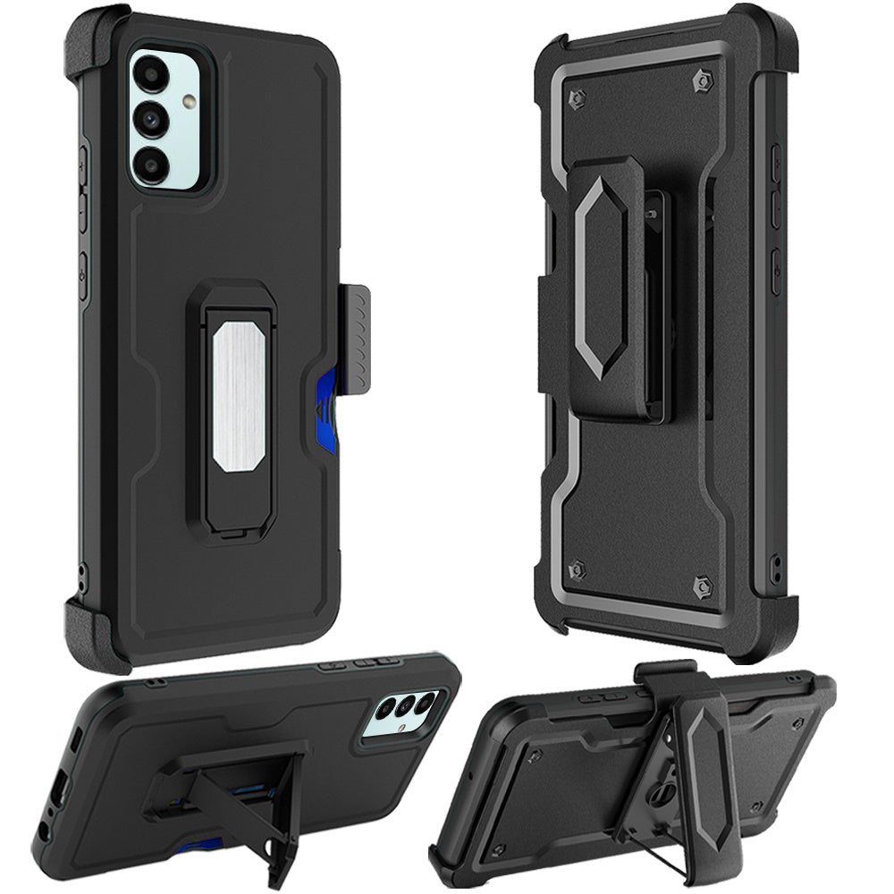For Samsung Galaxy A13 4G Armor Belt Clip with Credit Card Holder ID Slot, Holster, Kickstand Protective Full Body Heavy Duty Hybrid Phone Case Cover