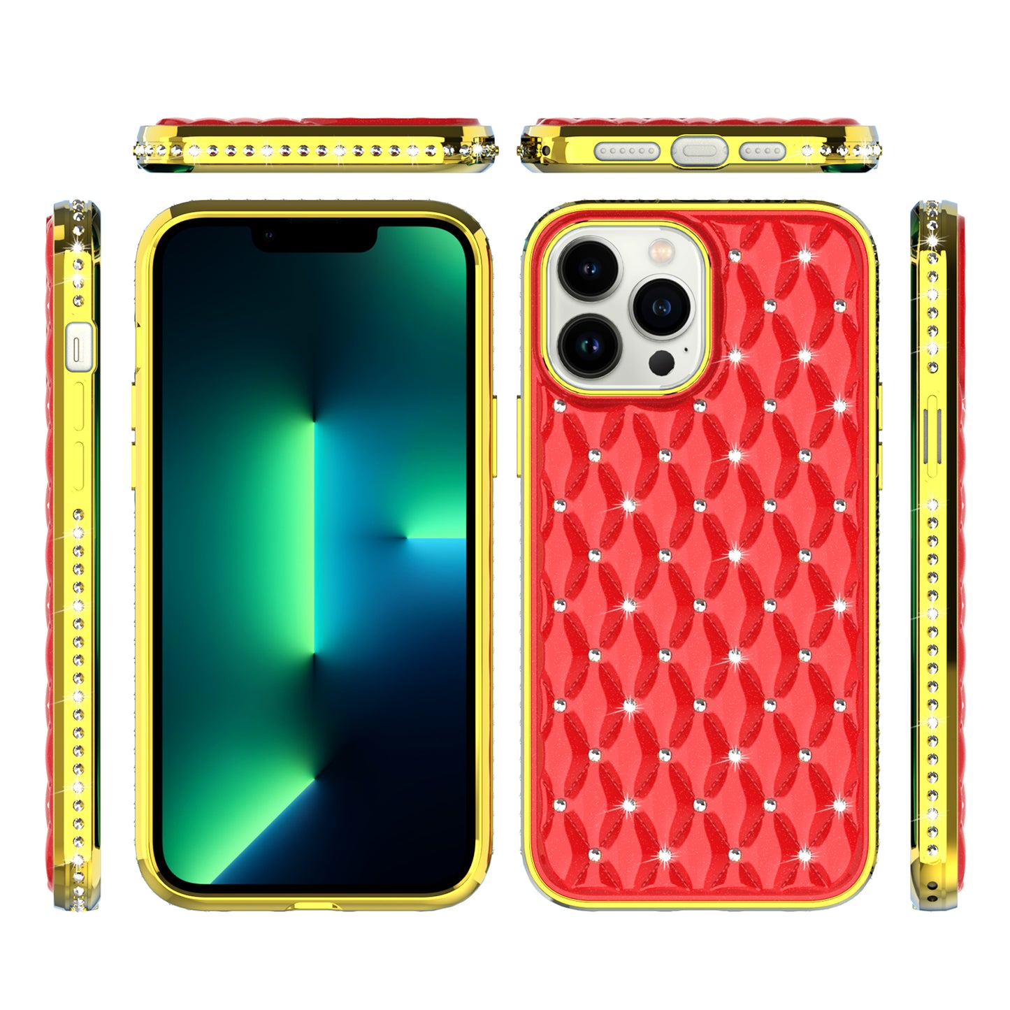 For Apple iPhone 13 Pro Max (6.7") Luxury Chrome Diamonds Rhinestone Thick Shiny Bling Protective Rubber Frame Phone Case Cover
