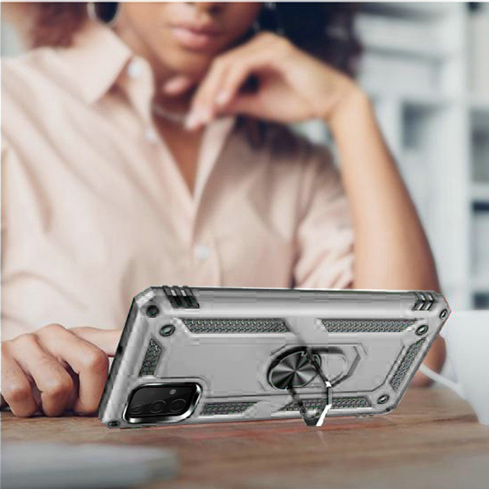 For Samsung Galaxy A22 5G Armor Hybrid Durable 360 Degree Rotatable Ring Stand Holder Kickstand 2in1 Fit Magnetic Car Mount Silver Phone Case Cover