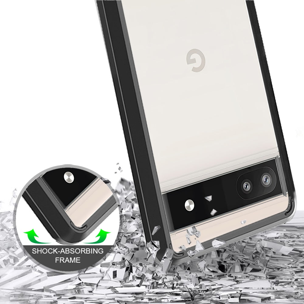 For Google Pixel 6A Hybrid Slim Crystal Clear Transparent Shock-Absorption Bumper with TPU + Hard PC Back Frame Black Phone Case Cover