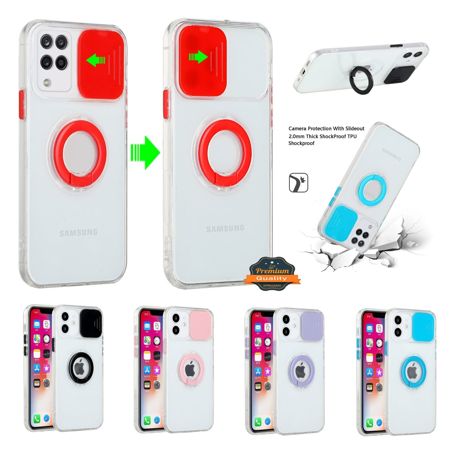 For Apple iPhone 13 Pro (6.1") Transparent Cases with Ring Stand & Camera Window, Slide Lens Protection Hybrid Shockproof Phone Case Cover