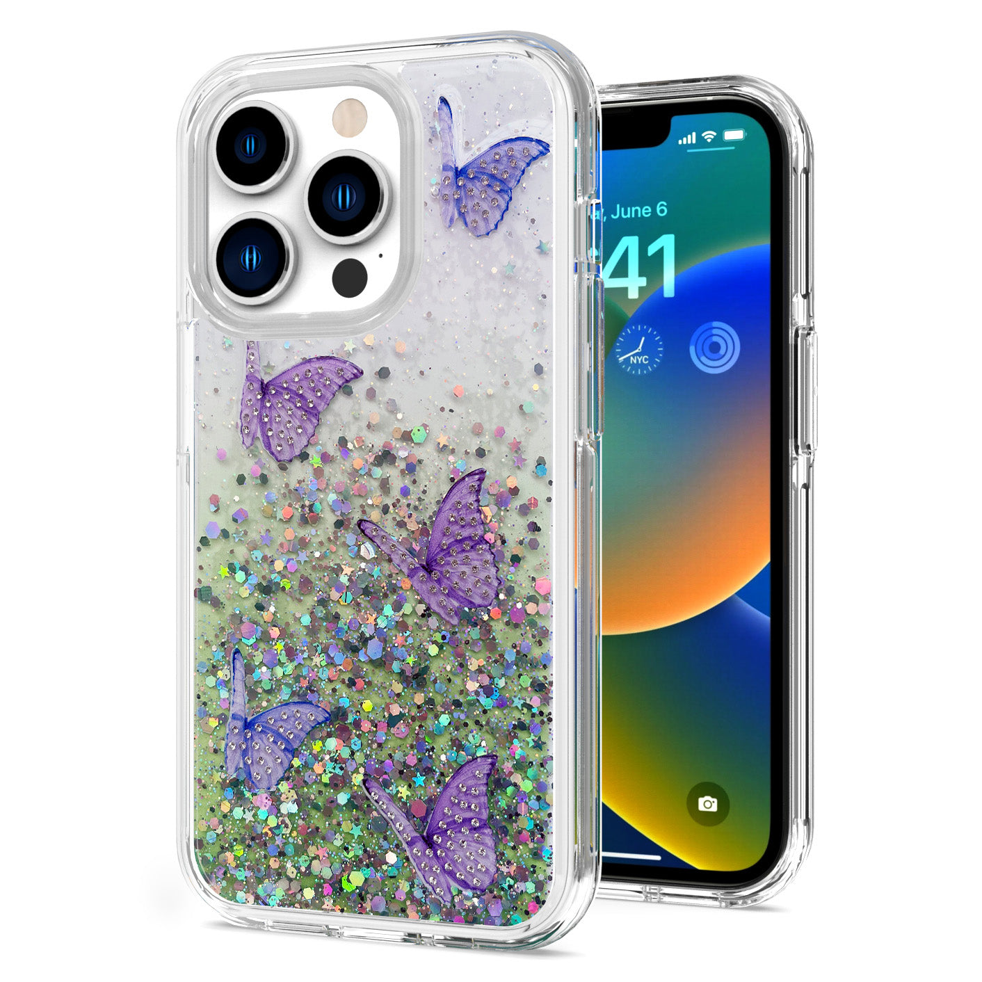 For Apple iPhone 11 (6.1") Butterflies Glitter Bling Shiny Sparkle Glittering Flake Hybrid Hard PC TPU Silicone Slim Phone Case Cover