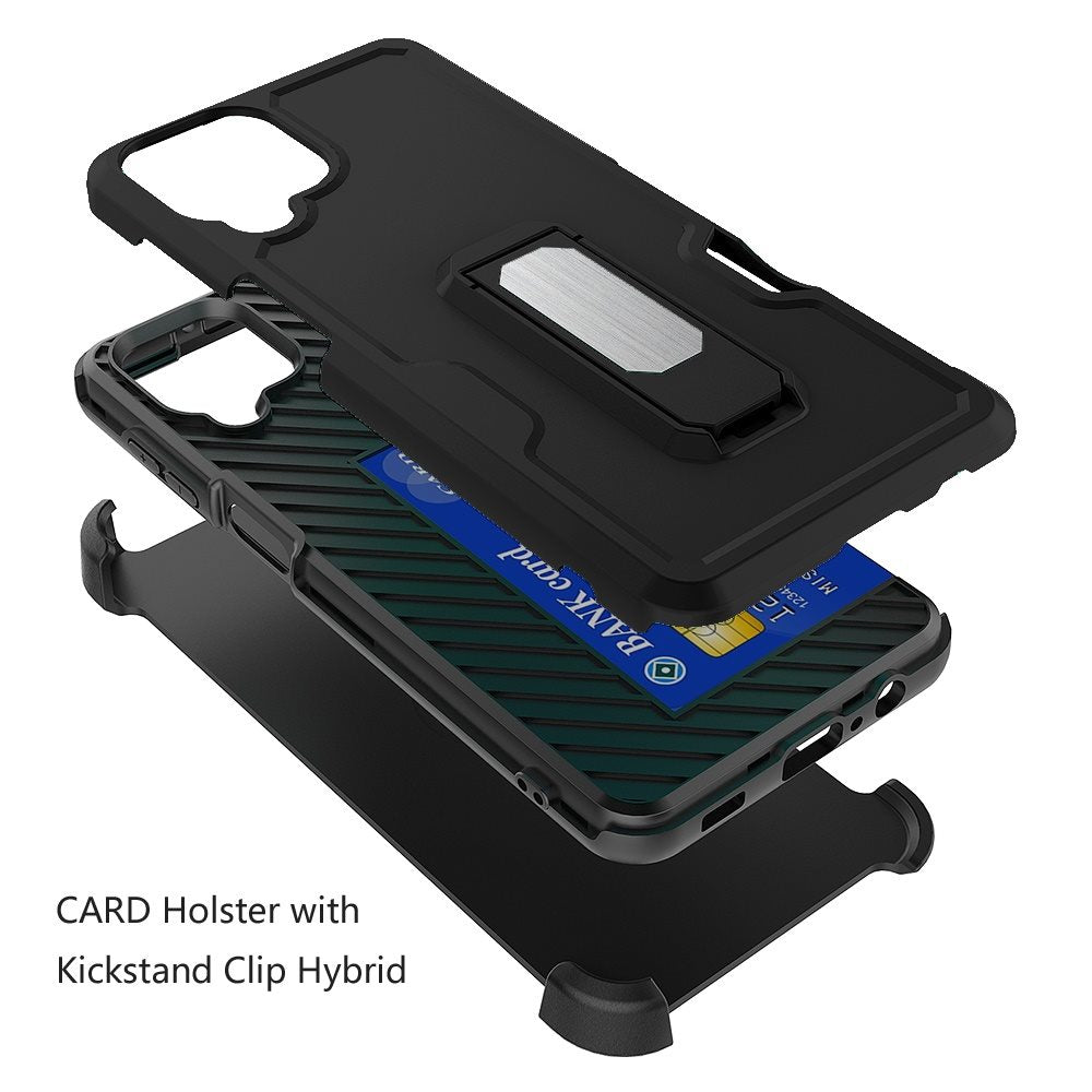 For Samsung Galaxy A12 5G Armor Belt Clip with Credit Card Holder, Holster, Kickstand Protective Full Body Heavy Duty Hybrid Phone Case Cover